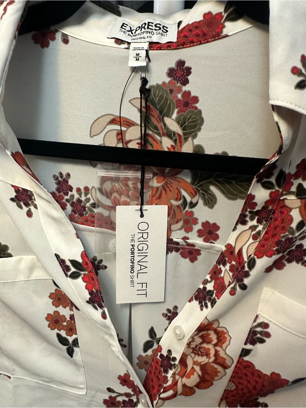 Express White Floral Button-Down Shirt with Red & Orange Blooms - Picture 5 of 5